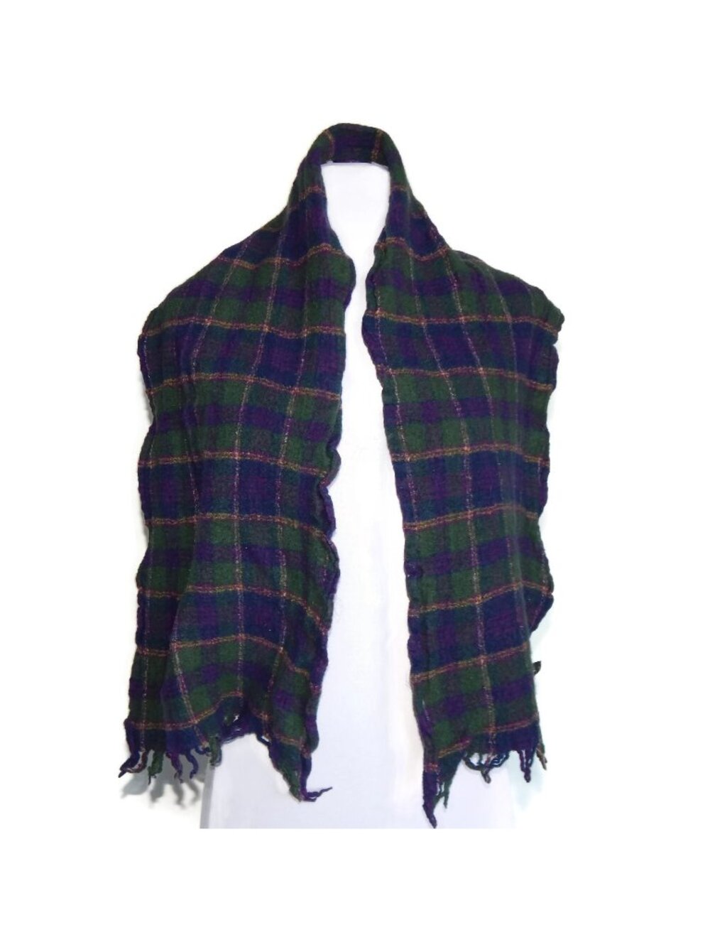AMICALE 90s Grunge Boho Purple & Green Plaid Neck Scarf Wool Scarve /8485